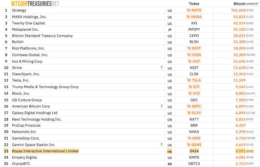 Ranking of public companies' Bitcoin holdings. 