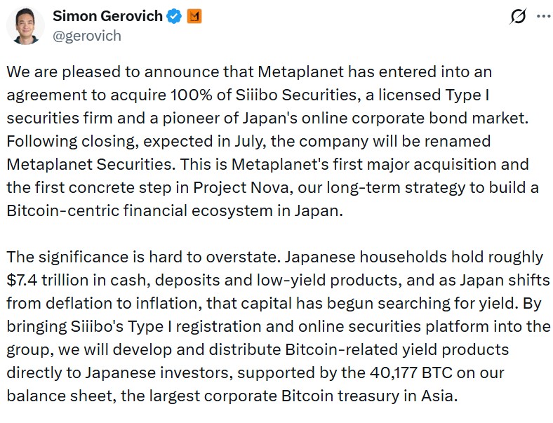 Simon Gerovich Metaplanet announcement