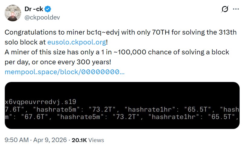 Solo mining winner